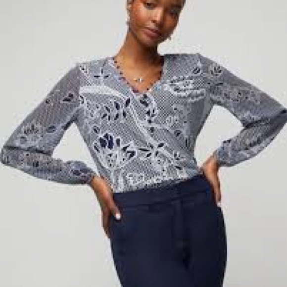 White House Black Market Tops - White House Black Market Matte Jersey Woven Sleeve Blouse in Officer Blue